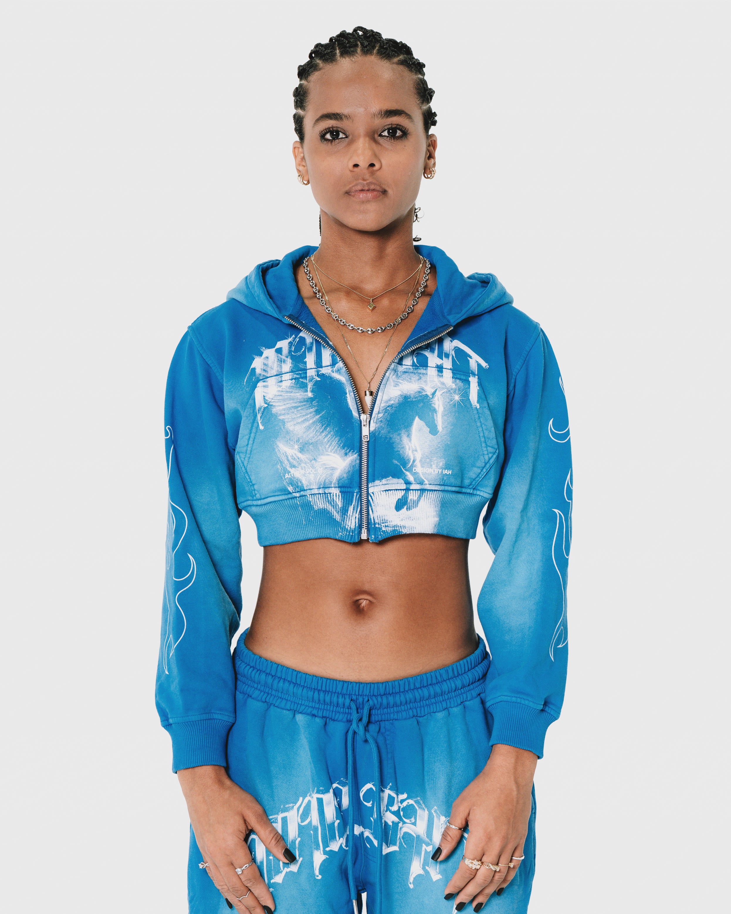 Zipper Crop Hoodie Blue Wash - Aither