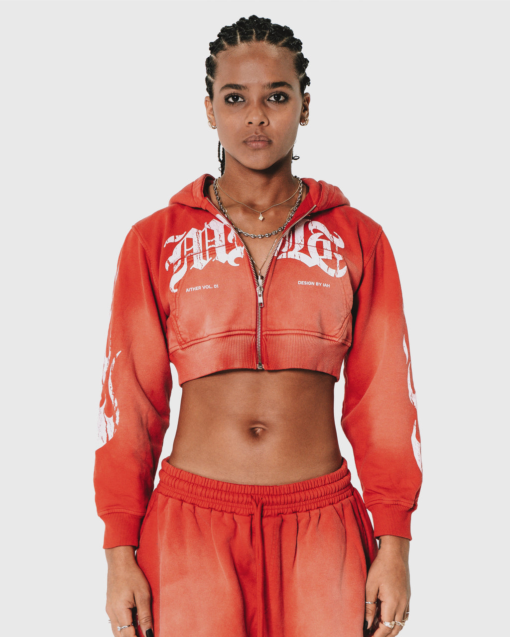 Zipper Crop Hoodie Red Wash - Aither