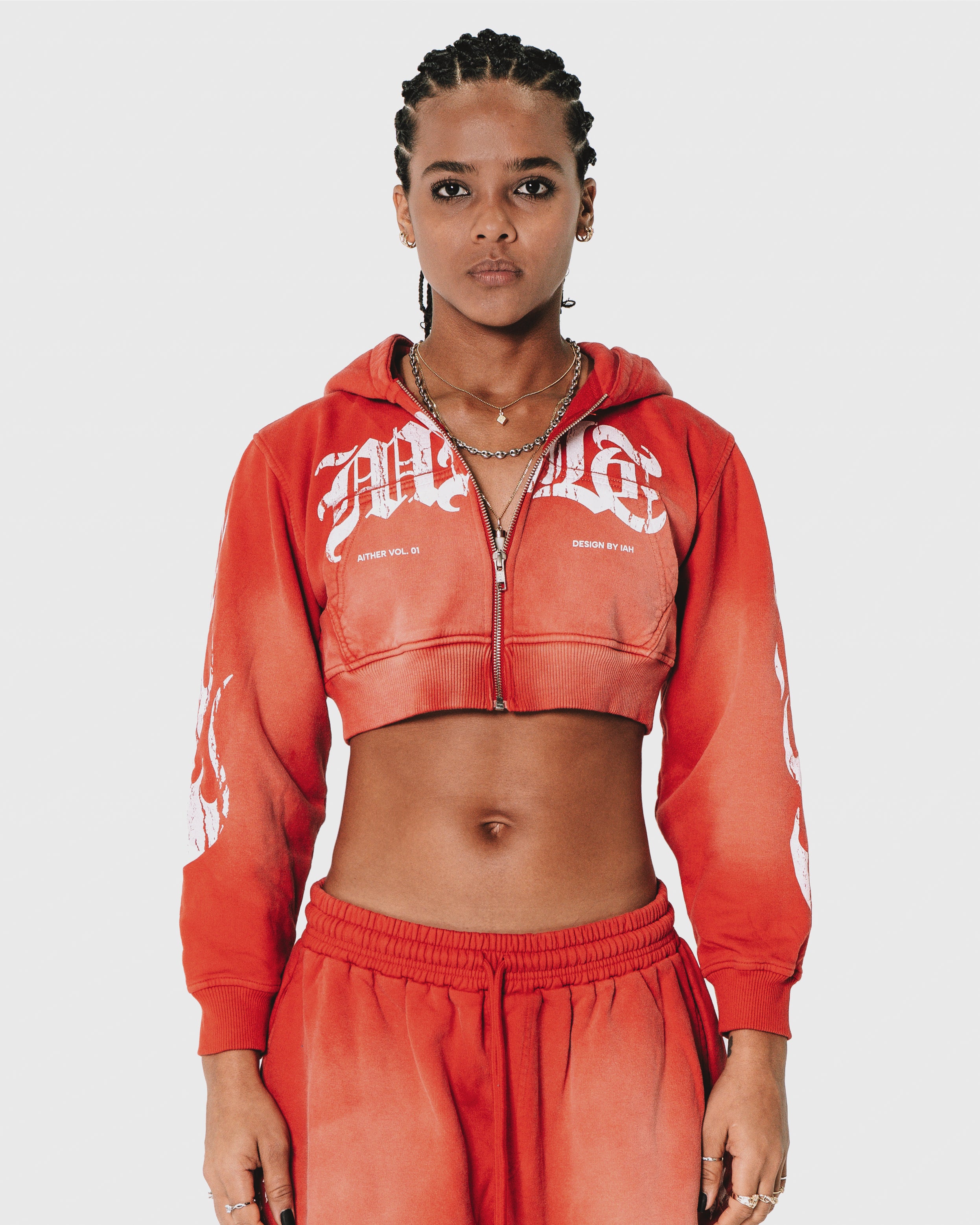 Zipper Crop Hoodie Red Wash - Aither